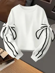 Plus Size Women's Round Neck Sweatshirt, Striped Sleeves with Bow Decor, Sweet Cool Style Loose Fit Top for Fall & Winter