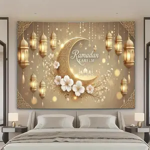 1PC,2D Flat Ramadan Kareem Tapestry, Eid Decoration Background Cloth, Golden Moon Lantern Floral Pattern, Wall Decor Hanging Cloth for Bedroom & Living Room, Home Decor Tapestry, Festival Atmosphe