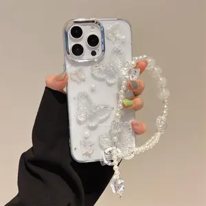 Butterfly & Beaded Chain Design Phone Case, Fashion Phone Protective Cover, Phone Accessories Compatible with iPhone 16 Pro Max 15 14 13 12, Casing