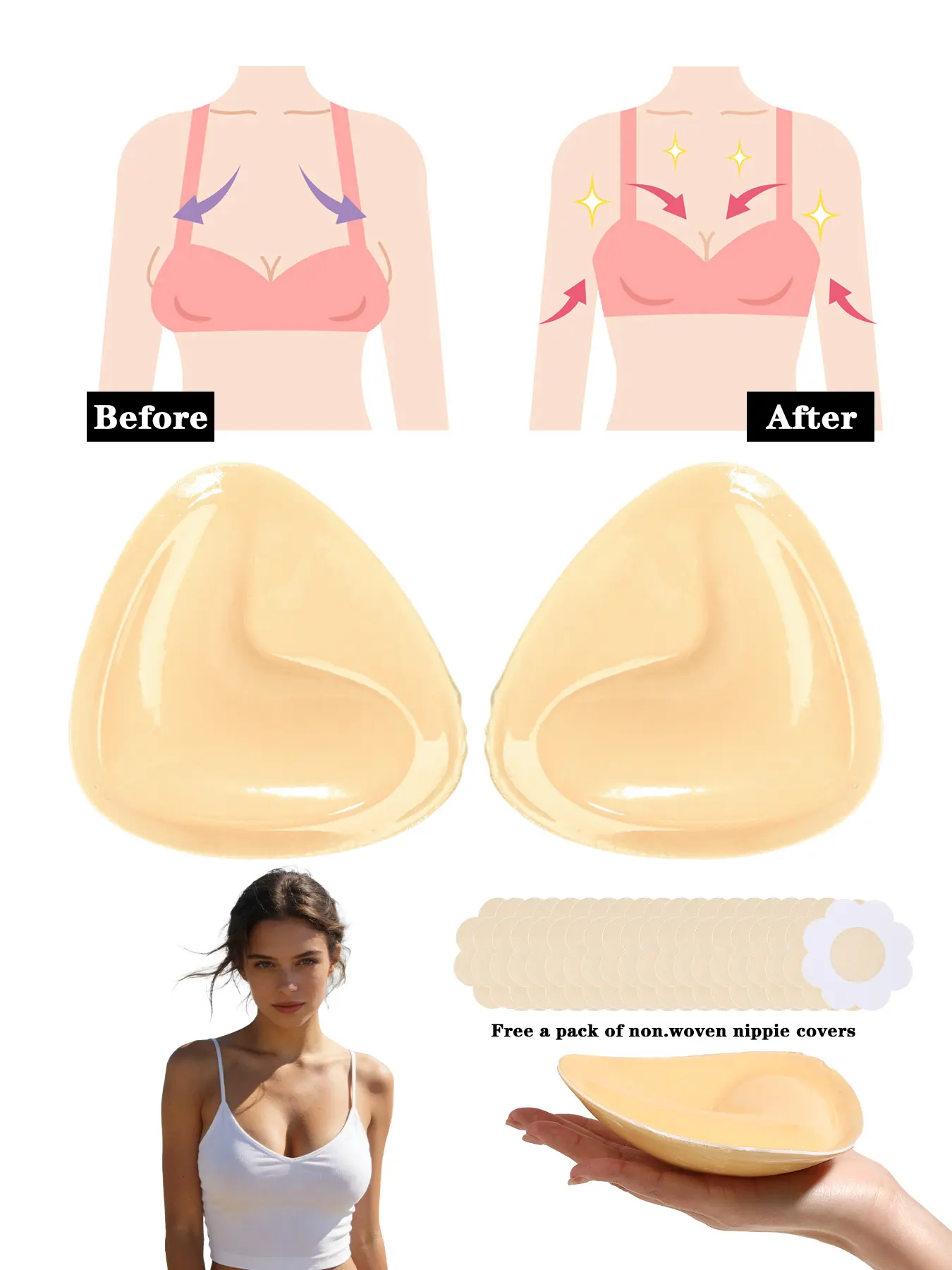 22Pcs Triangle Adhesive Bra Pads, Bra Accessories, with Sticky Nipple Covers, Double-Sided Strong Stickiness, Lightweight & Thin, Perfect for Summer Swimwear, Backless Dresses & Bikinis