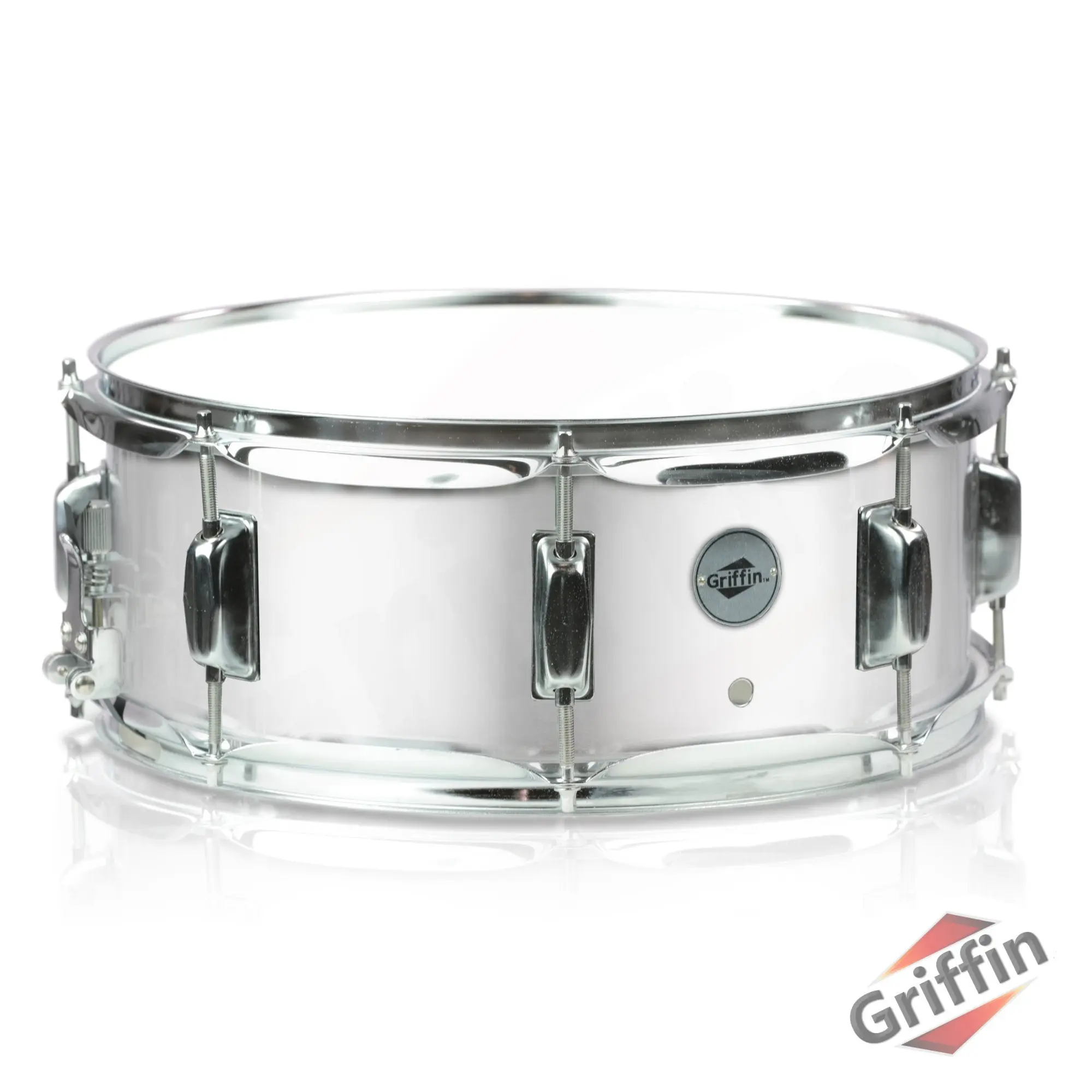 Metal Snare Drum by GRIFFIN | 14" x 5.5" inch Steel Chrome Shell | 8 Tuning Lugs & Snare Throw Off Strainer Set | Musical Instrument Kit & Drummers Key | Marching Percussion Hardware & Drum White Head