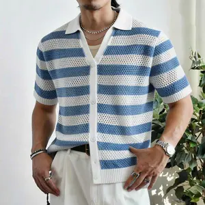 Striped Openwork Knit Mens Button Down Shirt Camp Collar Design Breathable Mesh Stitch Detail Perfect for Retro Casual Outfits and Summer Street Style