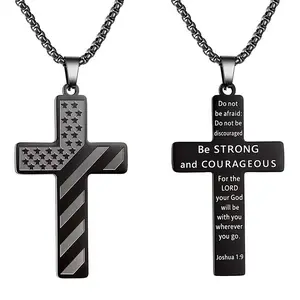 Cross Necklace for Men Stainless Steel 18K Gold Silver Plated American Flag Pendant Bible Verse Cross Necklaces Jewelry Gifts 23.62"