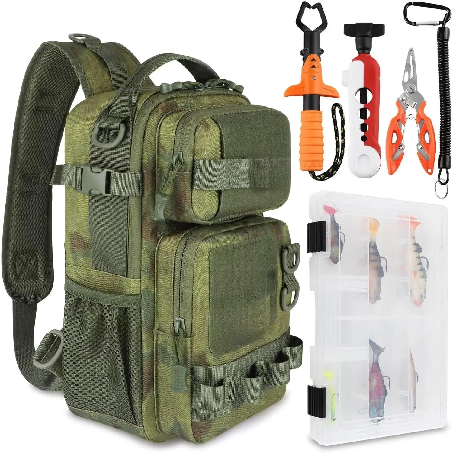Small Fishing Backpack Fishing Sling Bag with 3600 Tackle Box Small Tackle Backpack with Tool Set Green