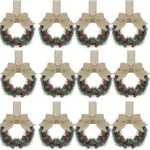 6/12 Christmas Kitchen Cabinet Wreaths with Tassels - Red Berry Mini Wreaths for Windows and Doorways, Hanging Decor, Farmhouse Style Holiday Decorations with Green Leaves and Red Tassel Bows, Christmas Decorations