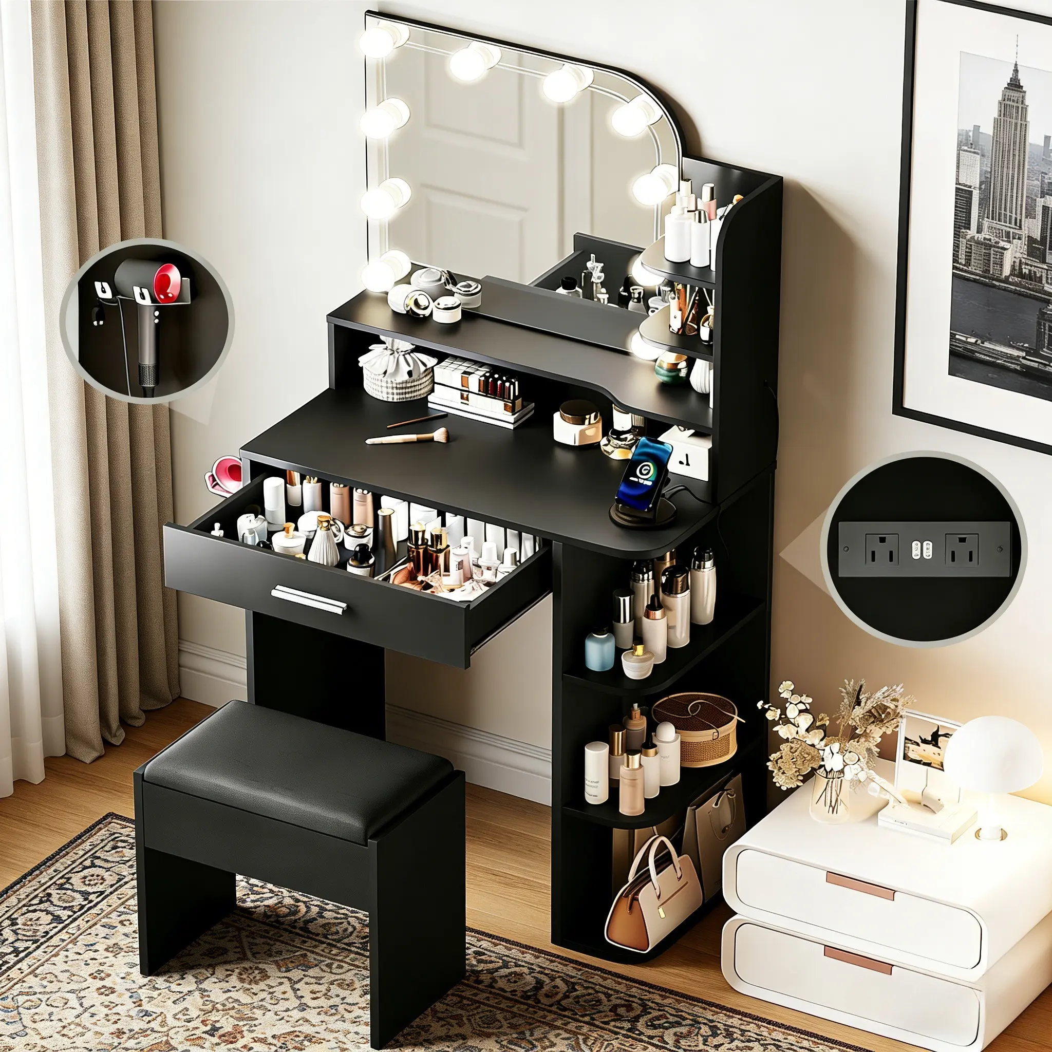 Glam Lighted Makeup Vanity Desk with Chair - Dual-Color Small Indoor Furniture, Makeup Storage Desk with Mirror, Lights, Built-in Charging Station and Hair Dryer Holder