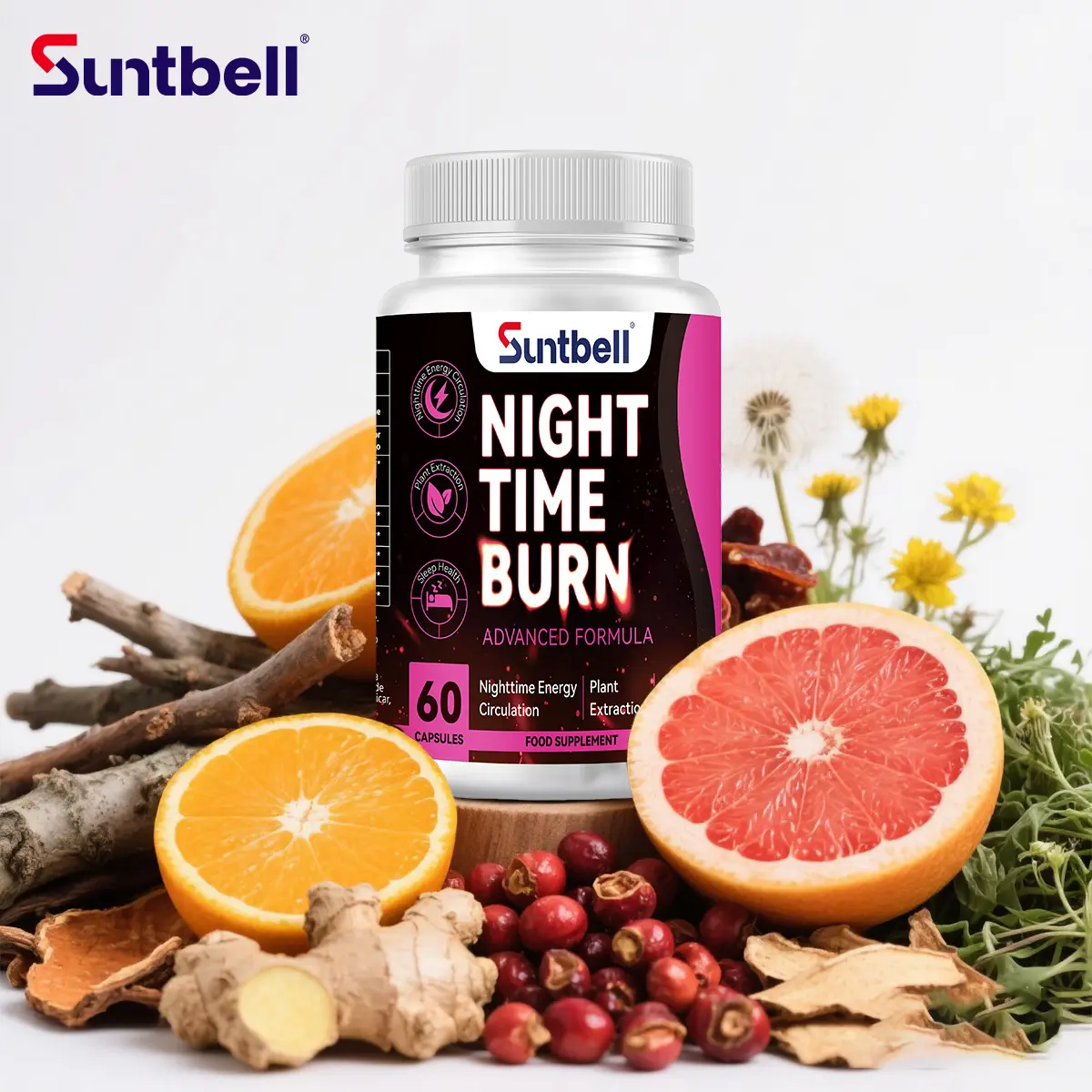 Suntbell Night Time Burn Capsules - Botanical Dietary Blend Dietary Supplements, Dandelion Root & Willow Bark Blood Flow Supplements for Energy Support, Circulation Enhancement, Sleep Health, Prop 65 Safe