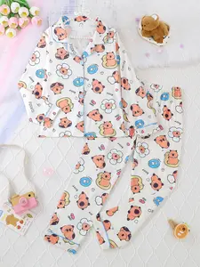 Sleepwear Set, Long Sleeve Top & Elastic Waist Pants, Fire Retardant Knit Fabric, Cartoon Capybara Print, All Seasons, Casual Comfy Pajama, Boys' and girls' pajamas, Cartoon Pattern Pajamas