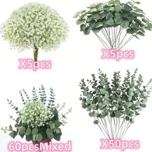 60 Realistic Artificial Eucalyptus and Floral Set, 3 Leaf Types, Various Fake Greens, Perfect for Country DIY Artificial Flower Decor
