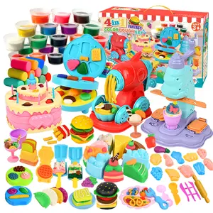 DIY Play Dough Kitchen Set 4-in-1 Ice Cream Cake Noodle Hamburger Maker Machine STEM Arts and Crafts Gift for Kids 3+ ASMR Fidget Toy Squishy Toys Educational Sensory Toys Perfect Birthday Gift with 24 Cans of Colored Dough and Variety of Accessories