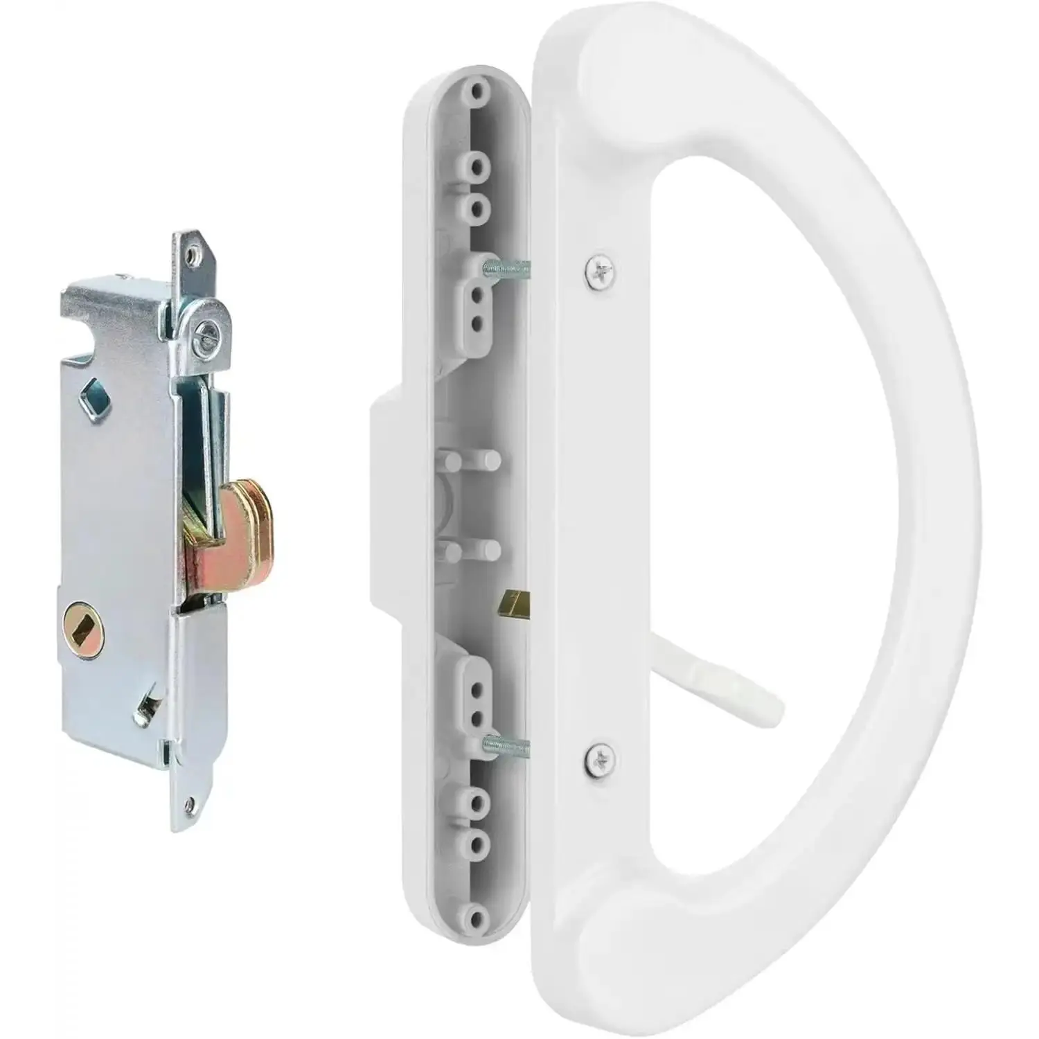 Swiilpo Ambidextrous Sliding Patio Glass Door Handle Set, Cast Metal Build, Mortise Lock with Thumb Turn, Economical Replacement Handle Set+Latch Lever, Fits 3-15/16" Screw Hole Spacing, White Finish, Easy Install, Large 2-5/16", Medium 1-15/16"