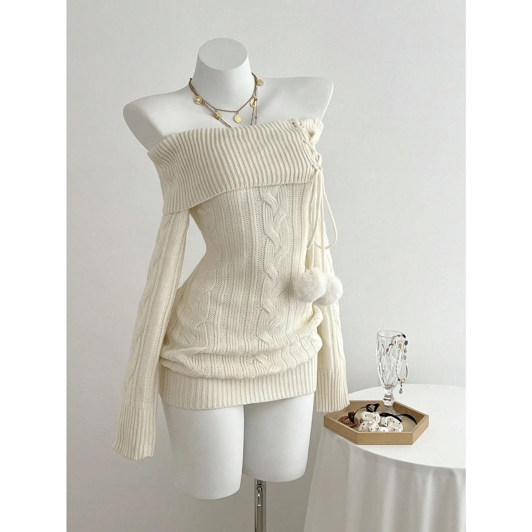 Women's Off Shoulder Fitted Knit Sweater Dress, Cozy Feminine Stretchy Solid Mini Dress for Autumn Winter Parties, Knitwear, Lady, Necklace, Matching, Jacket, Fabric, Soft, Acrylic