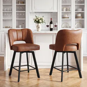 Raybee 26" Height Bar Stools Set of 2 with Footrest,Dining Chairs with Ergonomic Hollow Backrest,  Faux Leather Swivel Counter Stools for Kitchen , Metal Legs, Armless