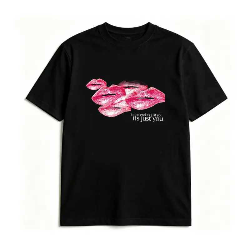 In The End Its Just You Pink Lips Graphic T-Shirt, Aesthetic Kiss Mark Print Unisex Casual Streetwear Short Sleeve Tee