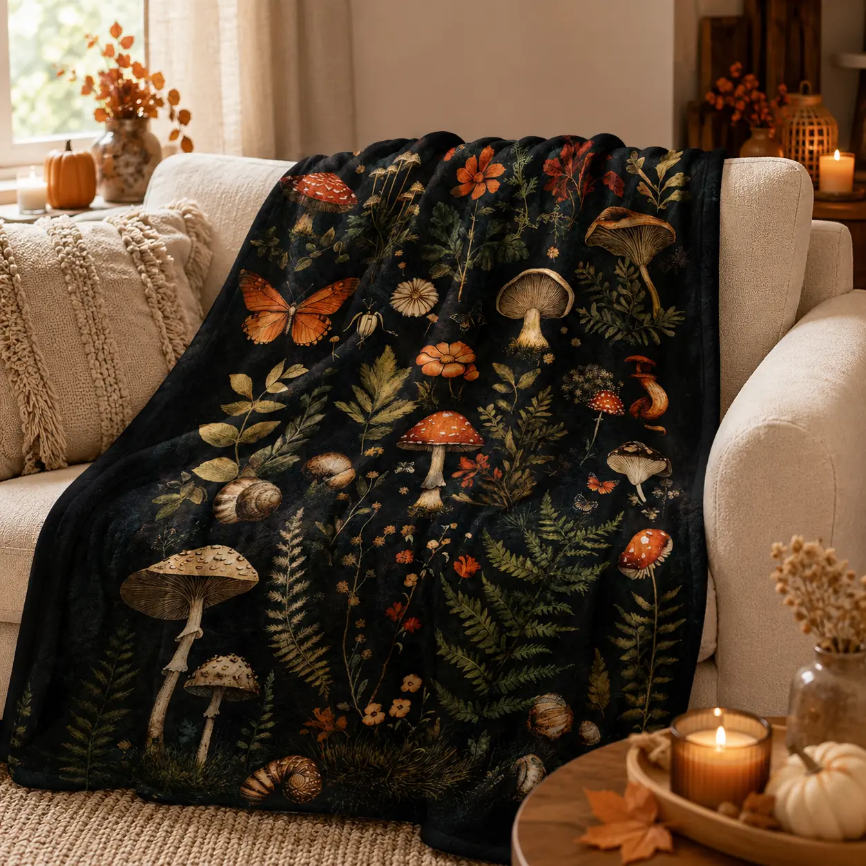 Dark Cottagecore Vintage Mushroom Botanical Fern Art Flannel Throw Blanket, Lightweight Soft Fuzzy Plush Blanket for Couch Sofa Bed, All Season Cozy, Witchy Nature Gift, Dark Academia Forest Aesthetic Bedroom Living Room Home Decor