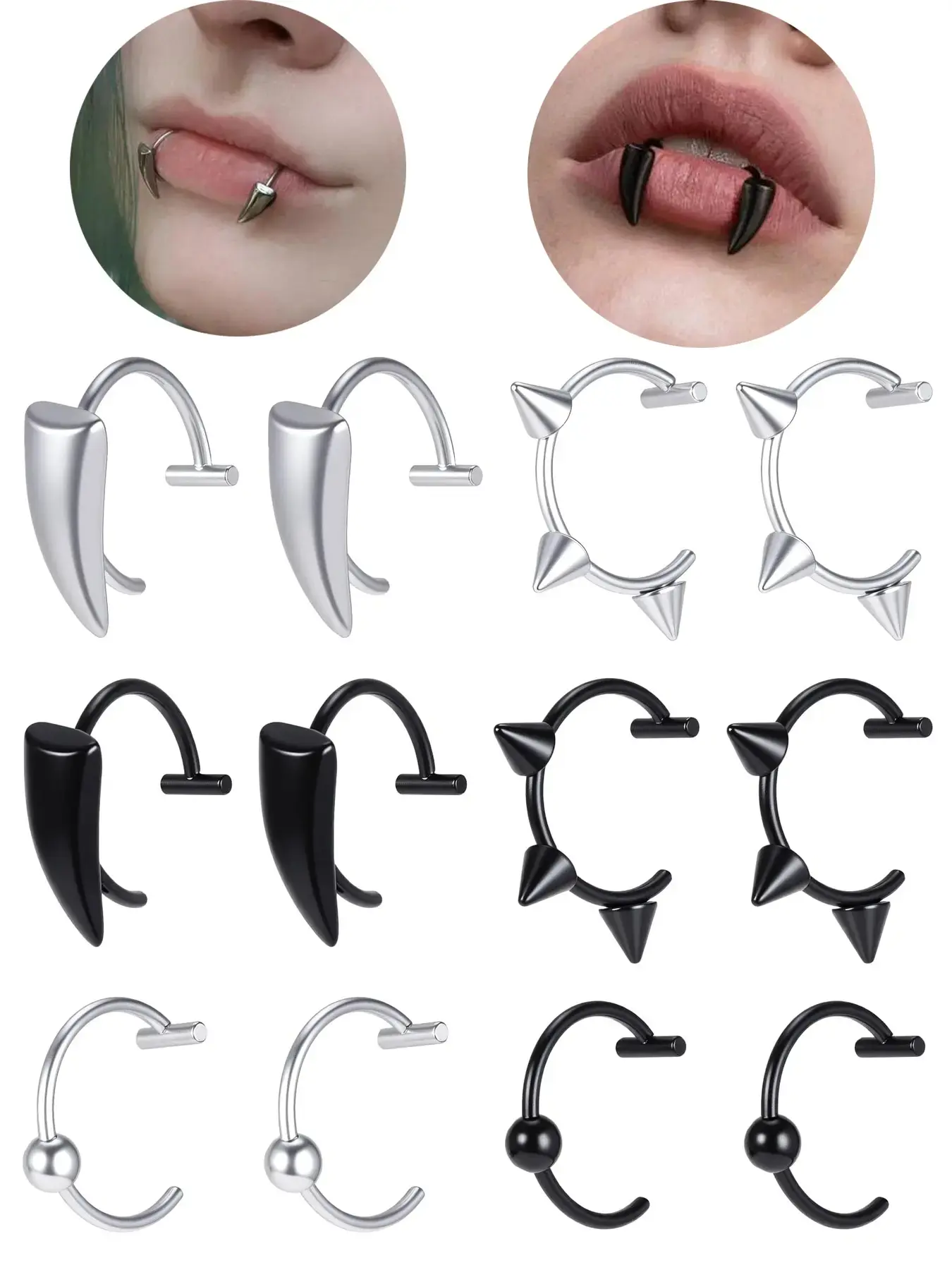 12Pcs Fake Lip Ring Mouth Ring Vampire Teeth Ring Fake Snake Bite Non-Piercing Lip Cuff Ear Cuff Stainless Steel Adjustable Labret Piercing Jewelry Set for Women Men Punk Dental Jewelry