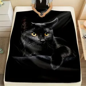 1Pc Super Soft Black Cat Print Flannel Blanket - Cozy Multipurpose Throw For All-Season Warmth - Perfect Nap Blanket & Luxurious Gift For Couch, Sofa, Bed, Camping & Travelling