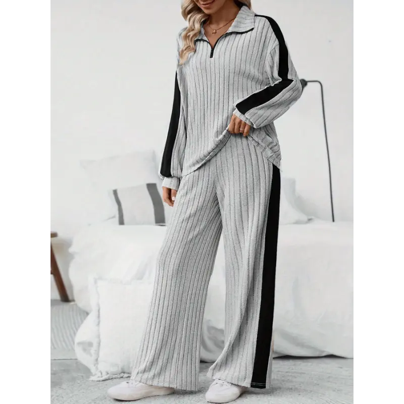 Coast Blend Threads Plus Size - Women'S Plus Size Oversized Two-Piece Set - Oversized Quarter-Zip Sweatshirt & Wide-Leg Pants with Full-Zip Closure, & Striped Casual Lounge Outfit, Stand Collar Long Sleeve Sweater Pants for Fall Winter Laye