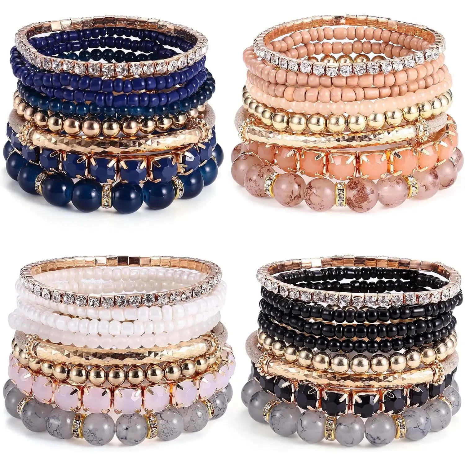 Milacolato Women's 4-Set Boho Style Beaded Bracelets, Multi-Color Layered Stackable Natural Bead Adjustable Stretch Bangle Jewelry for Summer, Jewelry Stack, Crystal Beads