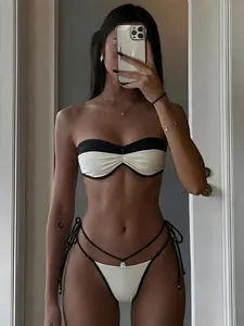 Summer New Women's Elegant And Sexy Strapless Black And White Bikini Two-piece Set, Tie Back Bikini, Bohemian Casual Patchwork Color Lace Up Criss Cross Swimsuit, Thin Strap Tied Triangle Pants, Valentine's Day, Carnival And Pool Parties, Boho Swimsuit