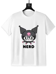Sanrio Kuromi Nerd Glasses TEE White Short Sleeve Graphic Tee with Cute Character Design Featuring Kuromi in Nerdy Attire