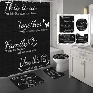 Black 4-Piece Polyester Print Bathroom Accessory Shower Curtain Set - 72x72 in Waterproof Curtain, Non-Slip Rugs, Toilet Lid Cover, Bath Mat, 12 Hooks, Rod-Compatible Home Bathroom Decor with Easy Installation