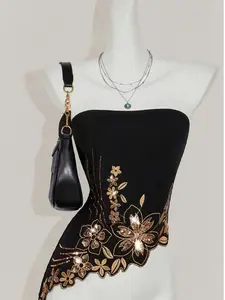 2026 New Black Sequin Floral Embroidery Strapless Tube Top, Irregular Hem Slim Sexy Ladies Party Top Womenswear