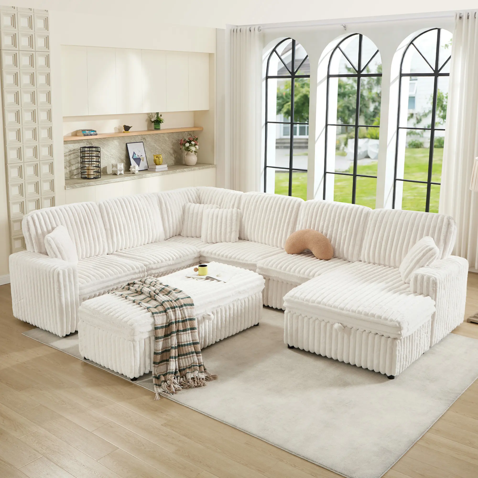 [SummerSale][Ships in 3 Boxes] AMERLIFE 129 Inch Sectional Couches for Living Room, Sectional Couch with Storage & Ottoman, Modular Sectional Sofa Converts to Sleeper, Cloud Couch Sectional for Large Space
