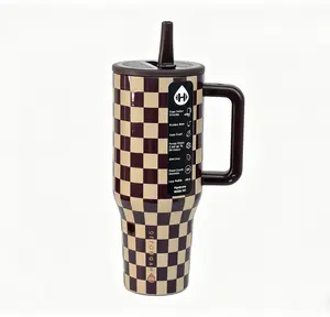 HydroJug 40oz Classic Brown Checkerboard Print Insulated Stainless Steel Water Bottle Tumbler Flask - BPA-Free, Portable, Ergonomic Handle, Straw Included, Cup Holder Friendly Travel Coffee Mug for Sports & Outdoor Use