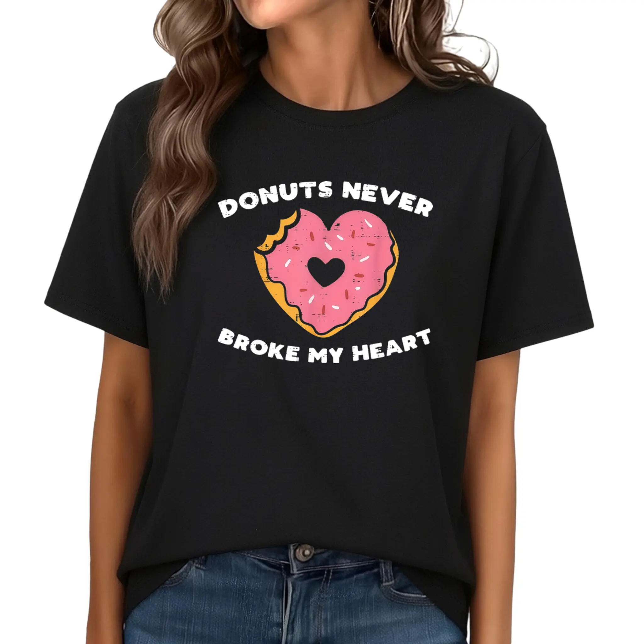 Women'S Valentine'S Day Donuts Never Broke My Heart T-Shirt | Cute Pink Donut & Heart Sprinkle Design, Casual Tee with Sweet Treats Print, Round Neck Short Sleeve Top for Valentin Women'S T-Shirt
