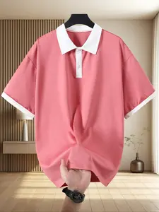 Men's American Vintage Colorblock Classic Polo Shirt, Summer Loose Fit Casual Two-Piece Short Sleeve, College Style Lapel Half Sleeve Top