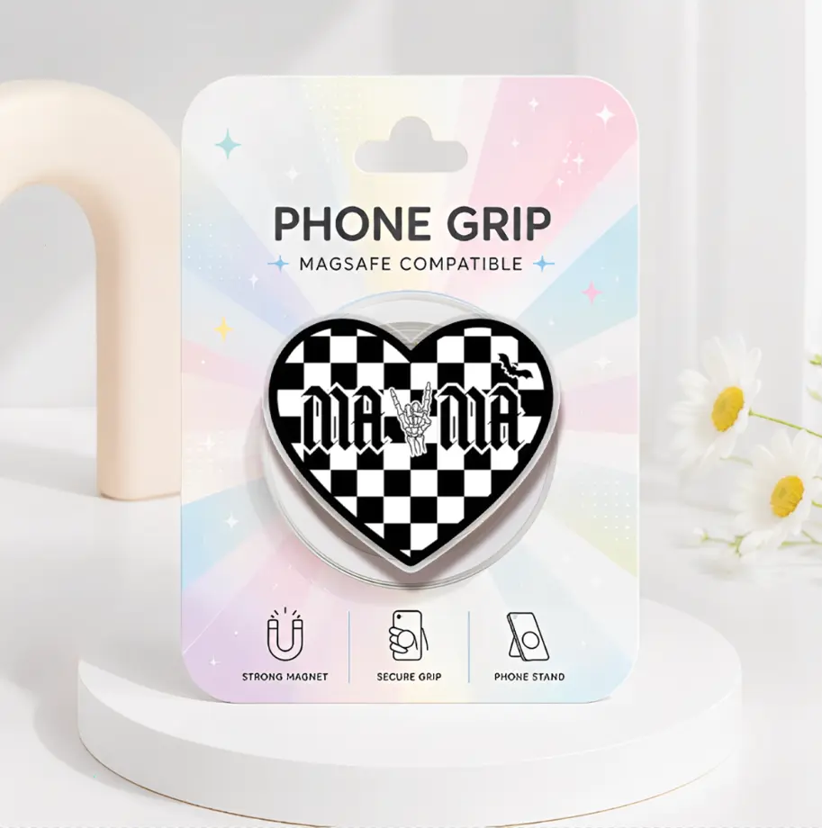 Checkerboard Mama Heart Magsafe Phone Grip, Kawaii Gothic Acrylic Kindle Grip, Cute Heart Mama Phone Accessories, Checkered Goth Gift, Spooky Season Kindle Holder
