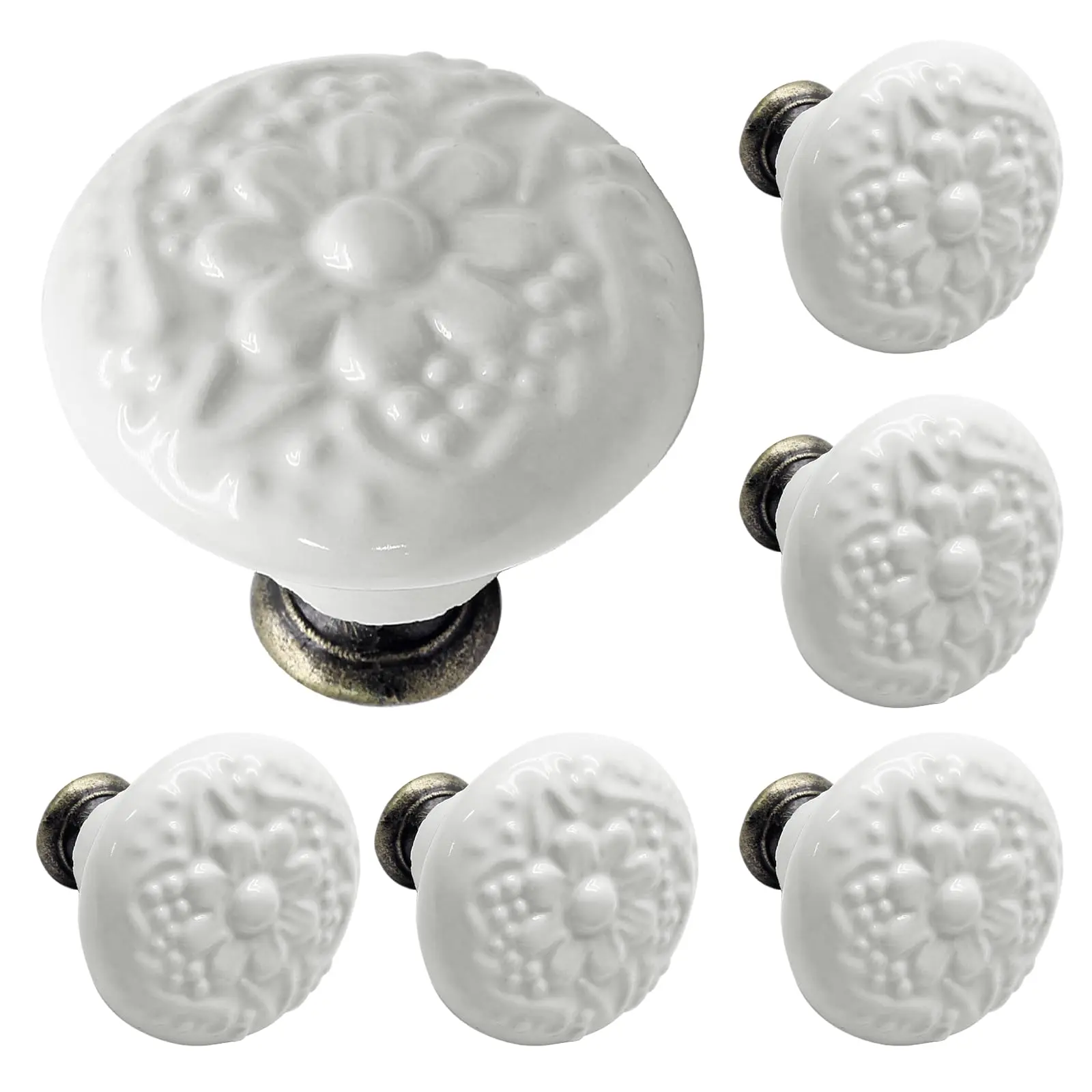 6 White Ceramic Kitchen Cabinet Knobs And Pulls  Retro Vintage Round Drawer Decorative Closet Door Handles