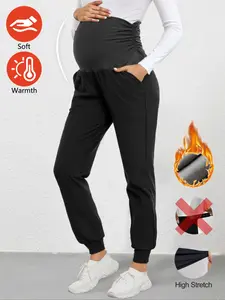 Women's High-Waisted Pleated Pocket Pants, Casual Comfortable Long Trousers for Fall & Winter, Thickened Warm Maternity Jogger Pants