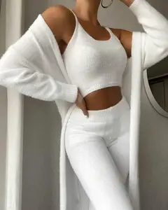 Lady's 3-Piece Fluffy Plush Fleece Pajama Set, Long Sleeve, Wrap Design, Simple Basic Style, Cozy Option for Relaxation