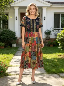 Plus Size Women's Flowy Beach Vacation Summer Dress, Irregular Pattern Print Casual Loose Short Sleeve Bohemian Dress, All Seasons Fashion