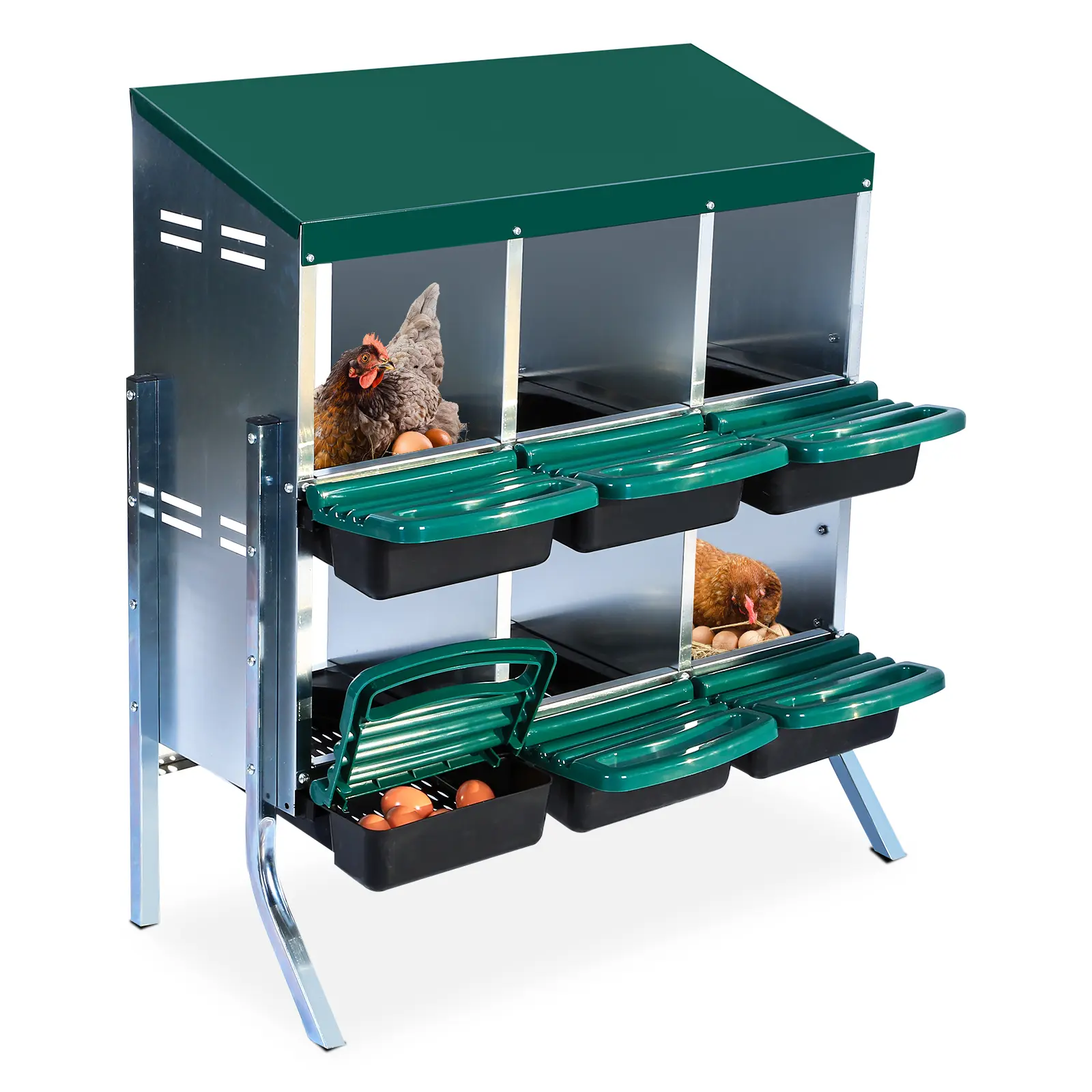 6-Compartment Galvanized Sheet Chicken Cage Enclosure - 0.6mm Thickness, Powder-Coated Top Cover, Plastic Tray, Green Legs, Poultry Nest Box, Bird Accessories, Drainage Holes, 6 Compartment Design, Quick Cleaning