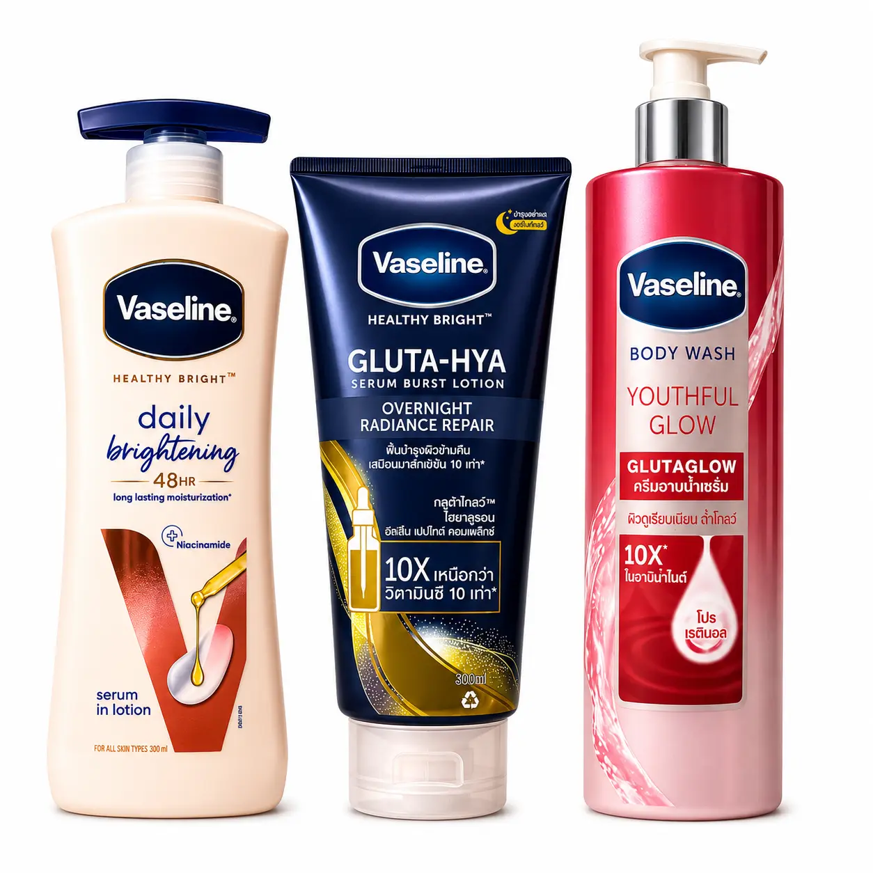 Vaseline Daily Brightening Serum Body Lotion (400mL), Gluta-Hya Overnight Radiance Repair Treatment (300mL), Youthful Glow Body Wash (425g)- Beauty & Personal Care Bath Moisturizer