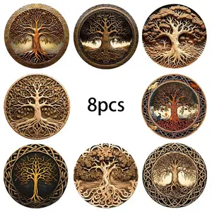 8pcs Wooden Aesthetic Tree of Life Pattern Coasters Set, Tableware, Dinnerware, Imitation Wood Carving Style Printing, Home Table Decoration, Christmas Party Decorations