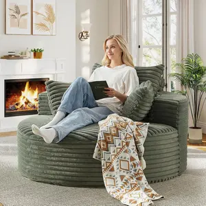 Oversized Round Chaise Longue Chair Indoor, Modern 55-inch Upholstered Corduroy Deep Seat Circle Single Cloud Lounge Floor Sofa Chair for Living Room, Bedroom Apartment, Green