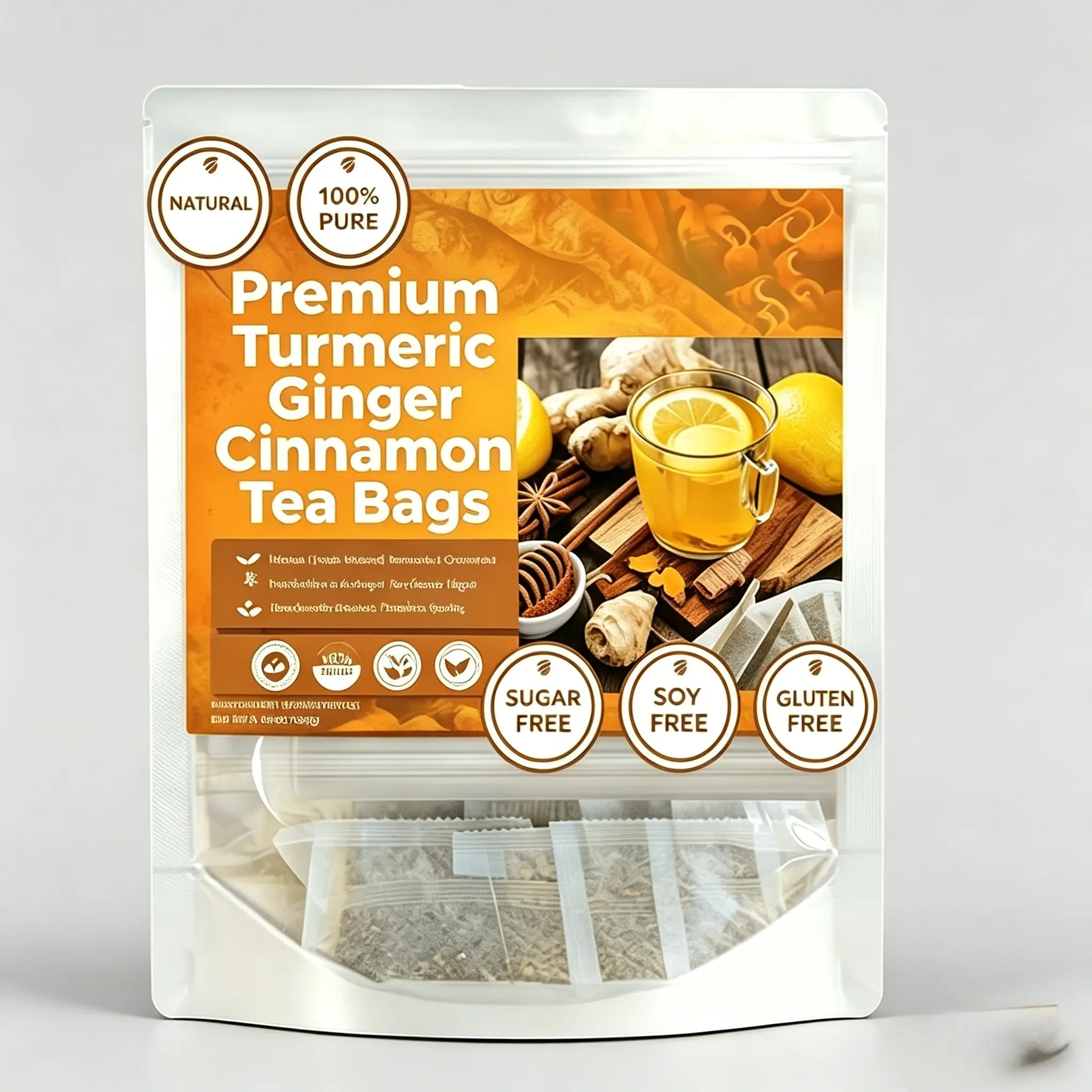 All Natural Turmeric Ginger Cinnamon Tea 60 Bags – Sugar Free Herbal Beverage for Daily Routine