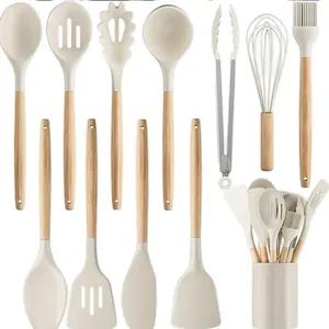 12pcs, Non-Stick Silicone Kitchen Utensil Set with Wooden Handles - Safe and Easy t