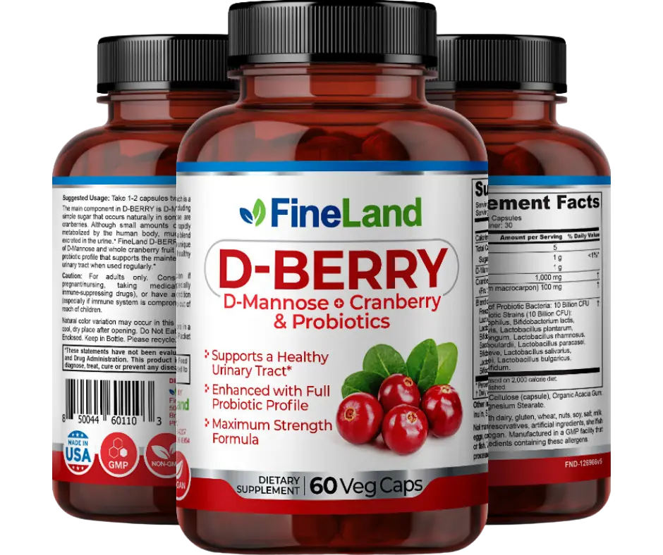 FineLand D-BERRY w/ D-MANNOSE, CRANBERRY & PROBIOTICS, Max Strength, Urinary Tract Support, Enhanced with a Full Probiotic Profile