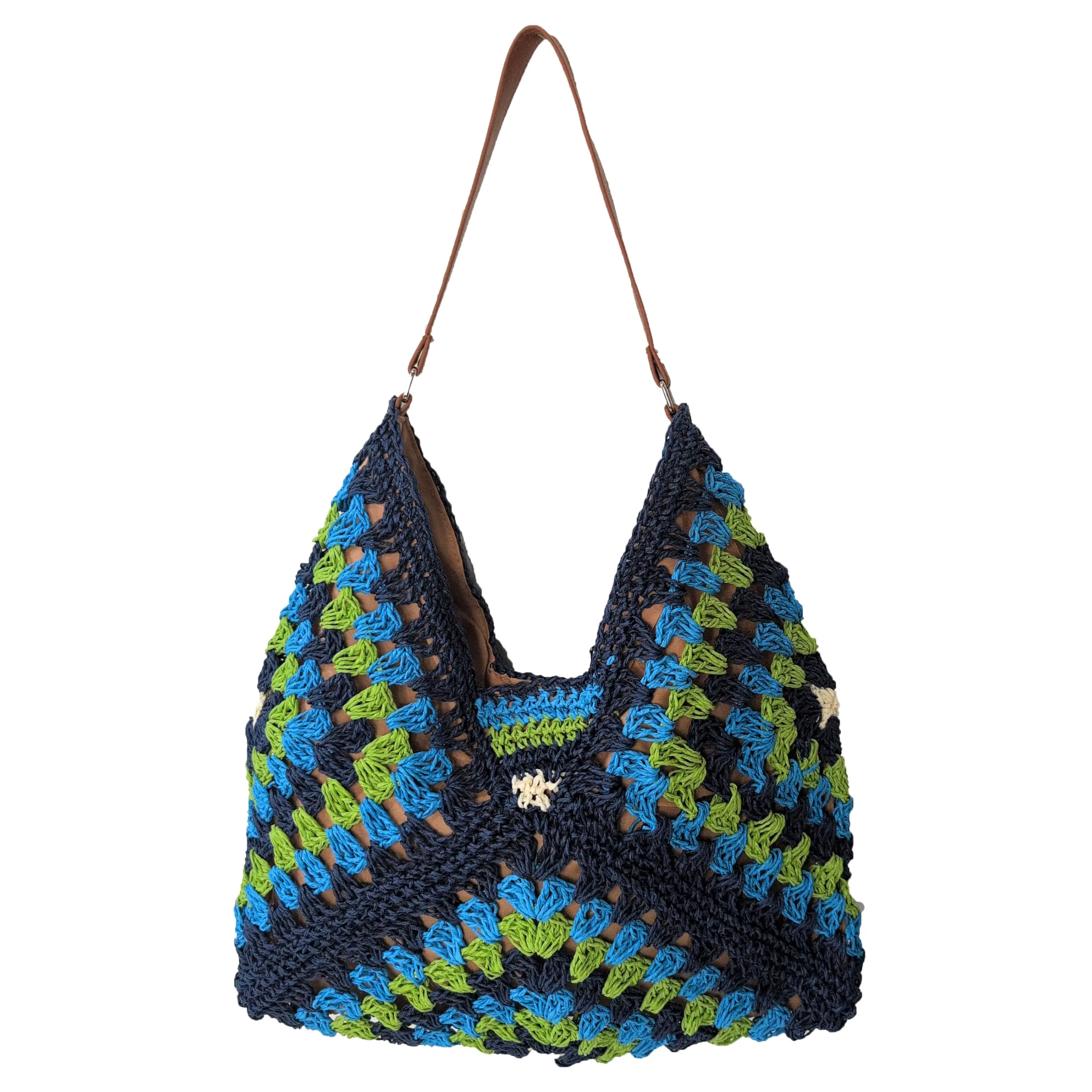 Women's Bohemian Crochet Patchwork Shoulder Bag - Convertible Shoulder Strap Crossbody, Spacious Inside High-Capacity, Artisan-Made Natural Tones, Ideal for Boho Chic Outfits, Holiday No Casual Overload