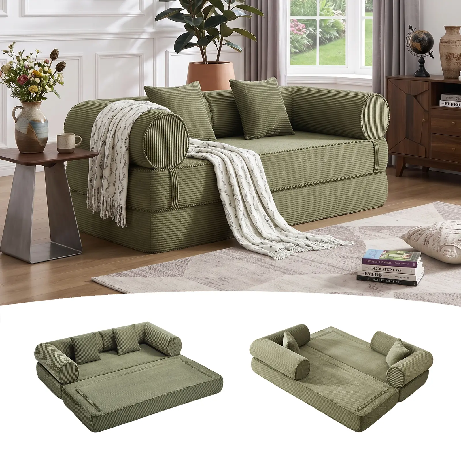 Tbfit 79-in 4-in-1 Modular Cloud Corduroy Classic 3-Seater Comfy Couch - Convertible Sofa Bed with Adjustable Arms, Pillow, Fold-Out Floor Mattress Lazy Chair for Small Spaces Living Room Indoor Furniture,dorm essentials,home decor