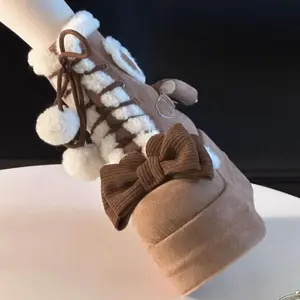 Sweet Winter Girls’ Lolita mid-calf snow boots—cute plush wedge height-boosting shoes for female students with bowknot lace-up design