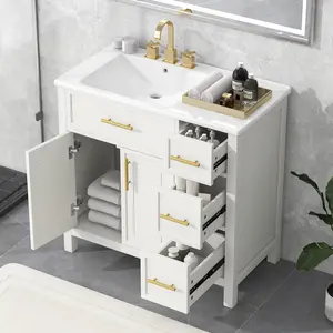 36" Bathroom Vanity with Sink Top, Bathroom Vanity Cabinet with Two Doors and Three Drawers, Solid Wood , MDF Boards ,One Package, White