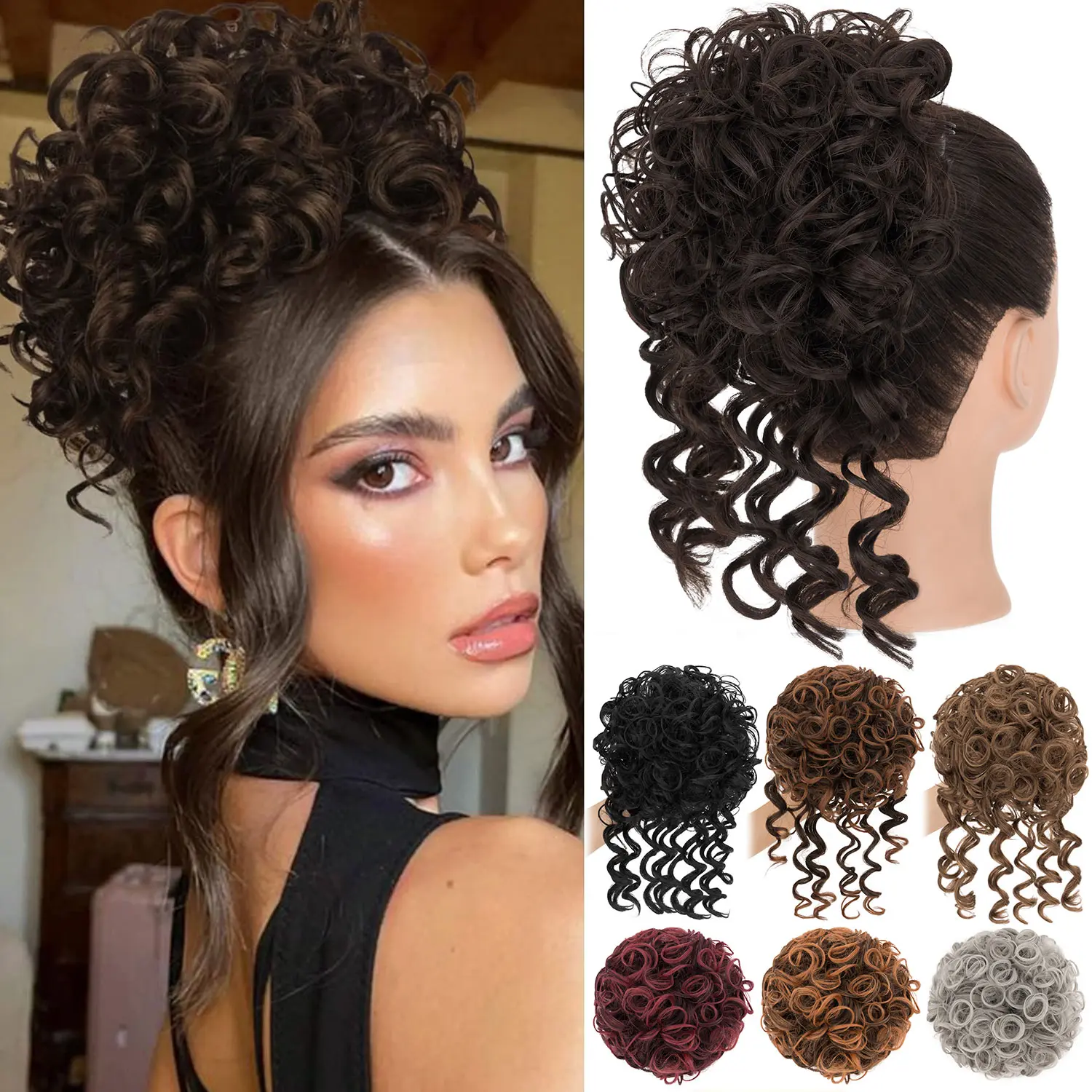 Fashion 70 G Messy Bun Short Curly Ponytail Extensions with Tendrils Elastic Drawstring Loose Wave Hair Bun Hair Pieces for Women with Thinning Hair High Temperature Synthetic Fiber Hair Bun Extensions