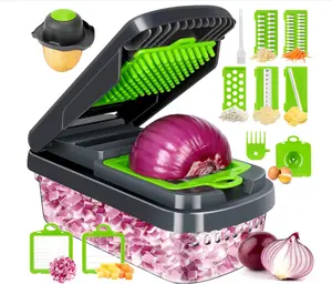 Yusshn Vegetable Chopper,12-in-1 Multifunctional Food Chopper,Professional Onion Chopper with 7 Blades,Vegetable Cutter with Container for Salad,Potato,Carrot,and Garlic; Essential Kitchen Tool(Grey)