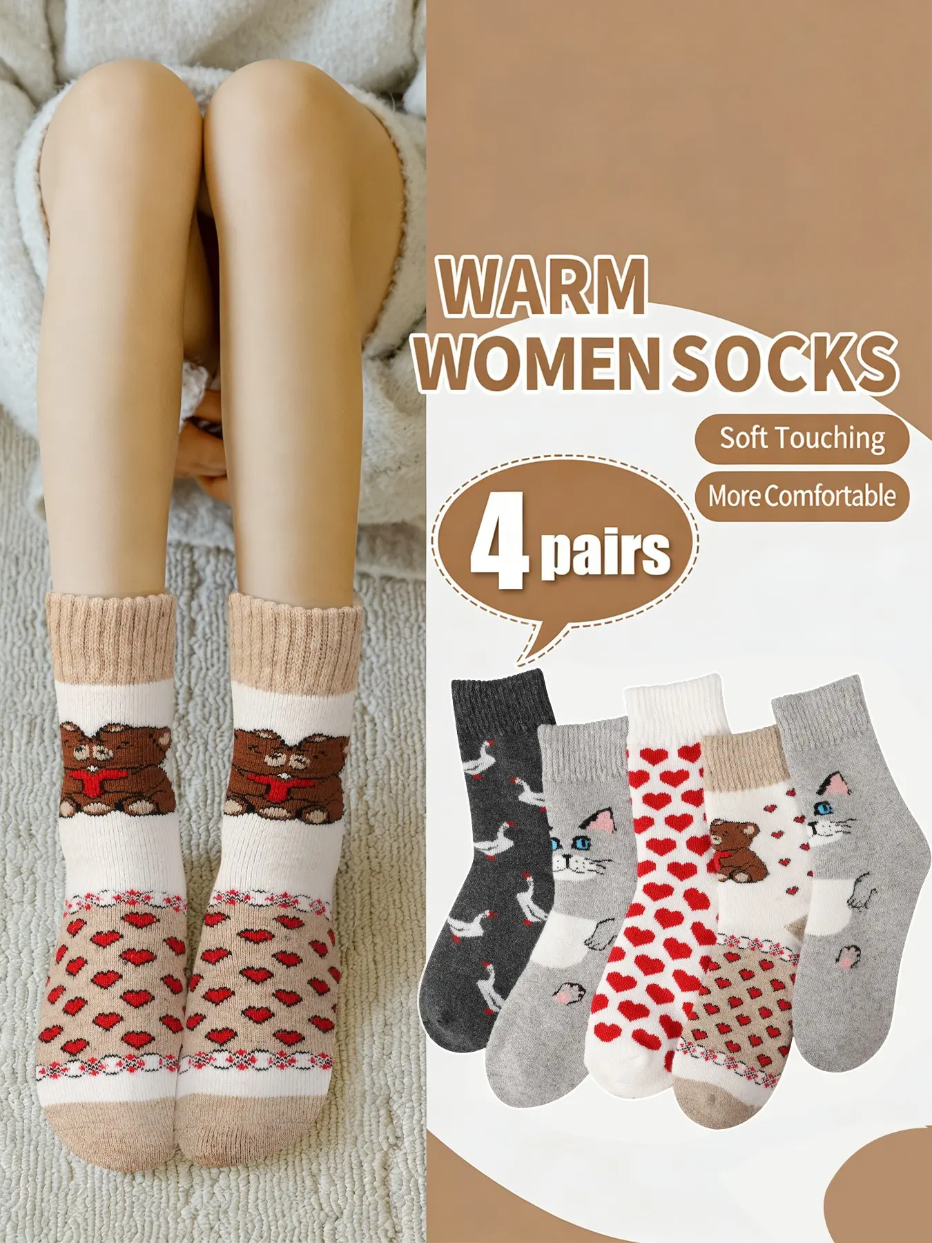 4 Pairs Comfortable Crew Socks for Women, Winter Warm Fuzzy Socks with Cute Cartoon Style, Perfect for Valentine's Day and Daily Wear